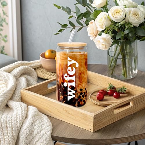 Wifey Cup - 16oz Glass Cup with Lid & Straw for Brides