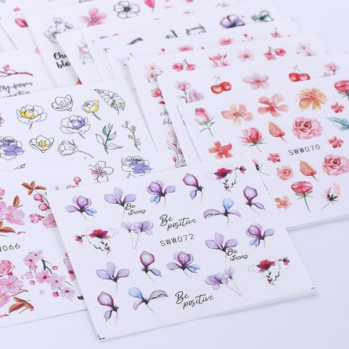 Spring Pink Flower Water Nail Decals 24 Sheets Cherry Blossom Nail Art