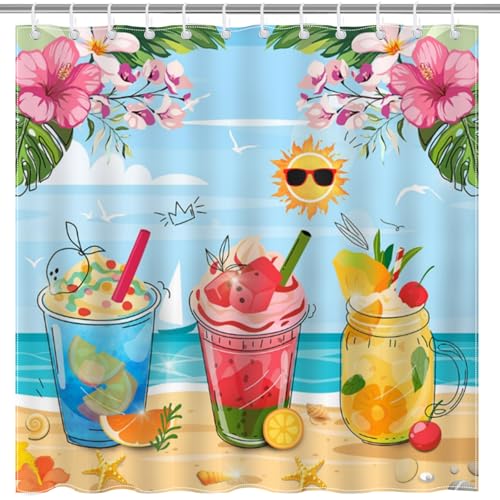 Mocsicka Summer Shower Curtain - Colorful Tropical Beach Design, 72x72 Inch with Hooks