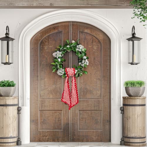 Red White Buffalo Plaid Wreath Sash - 54 Inch Cotton Ribbon Tie