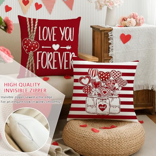 Valentine's Day Throw Pillow Covers Set of 4 - 18x18 Inch Red Love Heart Decor