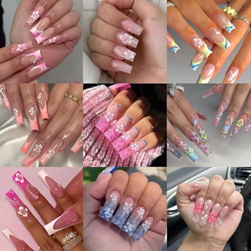 MUIIGOOD Flower Nail Stickers 10 Sheets Hibiscus Nail Decals White Pink Gold