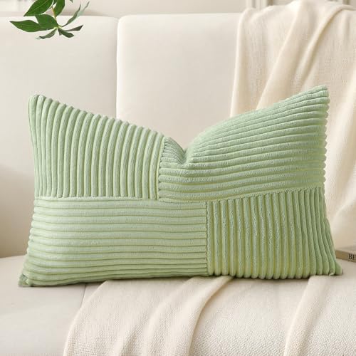 Sage Green Corduroy Lumbar Throw Pillow Cover, 14x24 Inch Textured Cushion