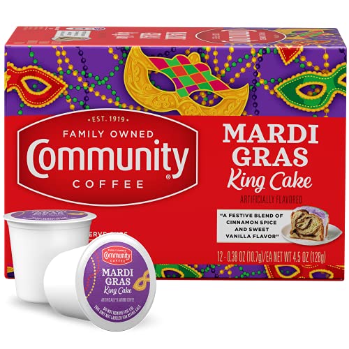 Community Coffee Mardi Gras King Cake Flavored Coffee Pods 12 Count - Medium Roast, Compatible with Keurig 2.0