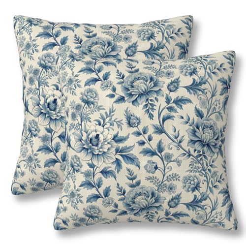 Chinoiserie Floral Throw Pillow Covers, Blue & White, 20x20 Inch Set of 2