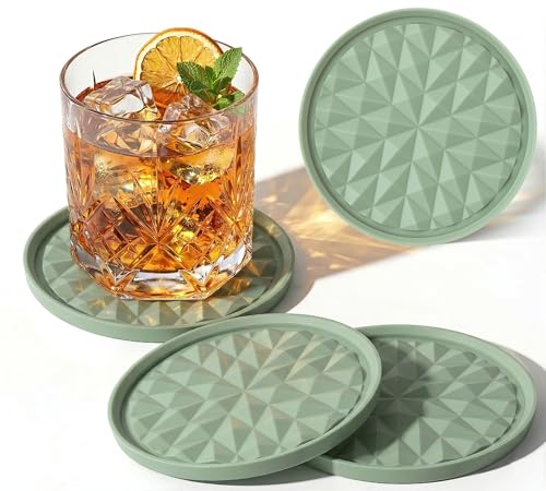 Sage Green Silicone Drink Coasters Set of 4 - 3.9 inch Non-Slip Hot & Cold Beverage Protectors