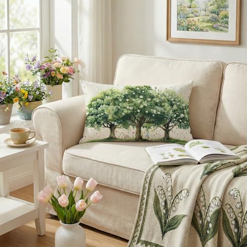 Spring Farmhouse Pillow Cover 12x20 Inch – Trees & Flowers Decor
