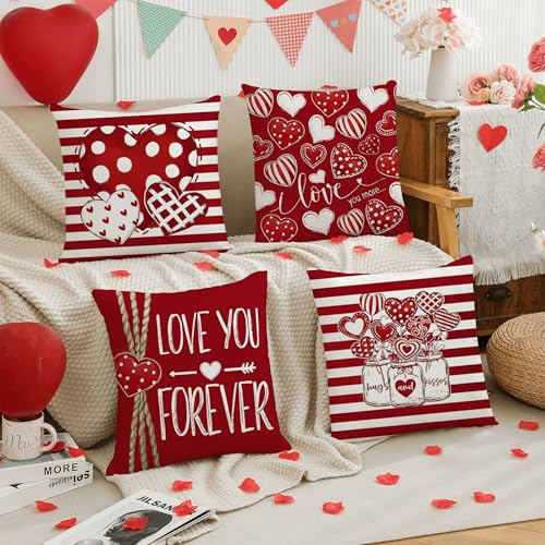 Valentine's Day Throw Pillow Covers Set of 4 - 18x18 Inch Red Love Heart Decor