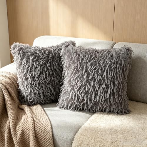 OYIMUA Faux Feather Throw Pillow Covers, 16x16 Grey-Brown Set of 2