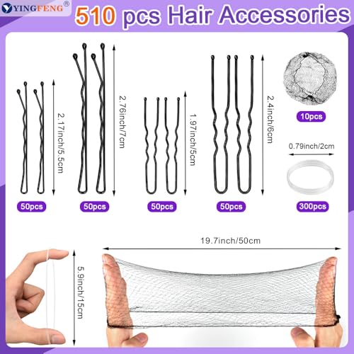 510-Piece Black Bobby Pins, U-Shaped Hair Clips, Bands and Nets Kit