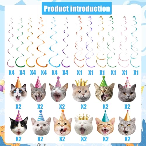 30-Piece Cat Theme Hanging Swirl Decorations for Birthday Parties