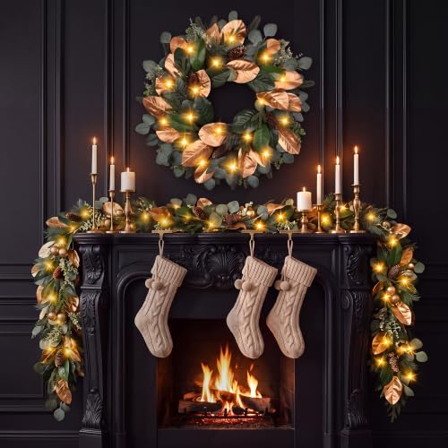 Magnolia 26 Inch Battery Operated Christmas Wreath with Lights - Prelit Cedar Door Decor