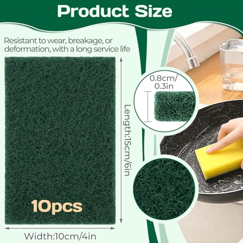OLLBIT Heavy Duty Scouring Pads - 10 Pack Green Scrubbers for Kitchen & Bath