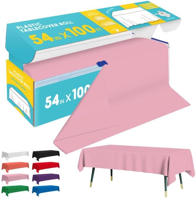 Niuara Pink Plastic Table Cover Roll - 54" x 100FT | Disposable Table Cloth with Slide Cutter for Events