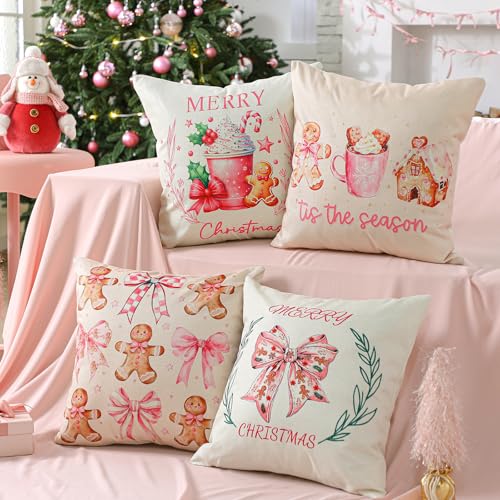 Colingmill 4-Pack Pink Gingerbread Christmas Pillow Covers 18x18