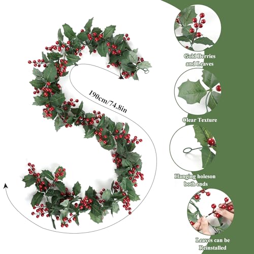 Artificial Christmas Garland with Red Berries and Holly Leaves - 12 Ft, 2 Pack, Holiday Decor