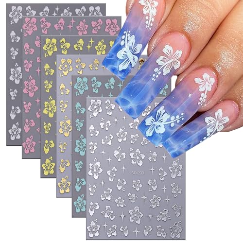 3D Hibiscus Flower Nail Art Stickers - 6 Sheets Self-Adhesive Floral Decals