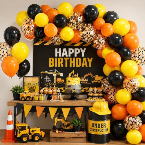 50-Piece Construction Party Balloons Set - Orange, Black & Yellow Decor