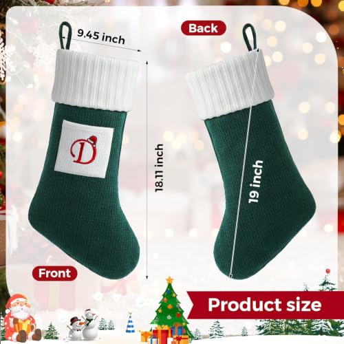 Christmas Stockings with Initials 19 Inches Green & White Knit with Greeting Card - Letter D Variation