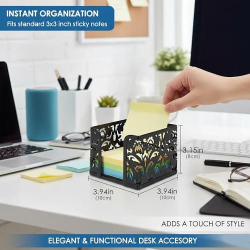 TOCCOOL Metal Note Cube Holder with Floral Carving - Desktop Organizer for 3x3 Inch Memo Pads, Black