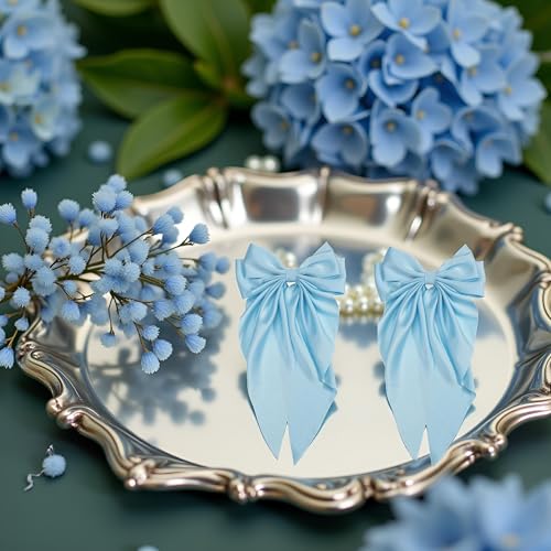 Light Blue Jumbo Silky Satin Hair Bow Barrettes with Long Tails