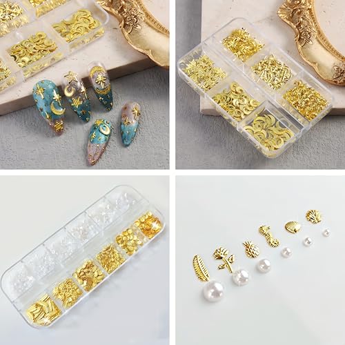 3D Metal Nail Art Studs Ocean Theme Gold Charms with Tools 2 Boxes