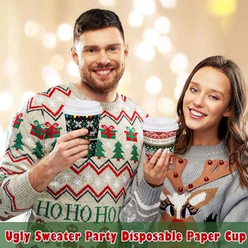 Gerrii 100 Pack Christmas Paper Cups with Lids 12 oz Ugly Sweater Style