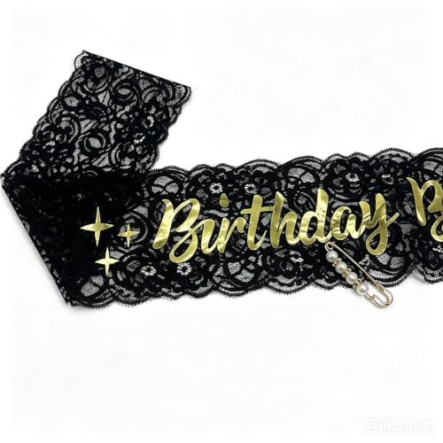 Black 'Birthday Bitch' Lace Sash with Pearl Pin for Women