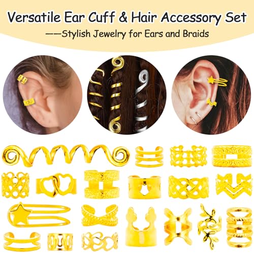 Vaikby 103PCS Gold Hair Jewelry for Braids Cuffs & Rings