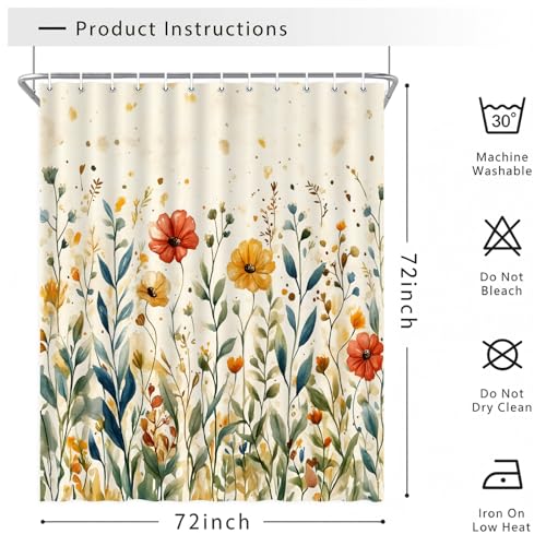 Boho Floral Shower Curtain - Vintage Beige Polyester Fabric, 72x72 Inch