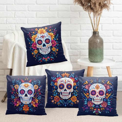 Sugar Skull Throw Pillow Covers 18x18 Inch - Set of 4 Floral Sofa Cases