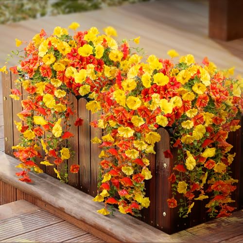 Artificial Morning Glory Hanging Flowers - 4 Pack, UV-Resistant Orange