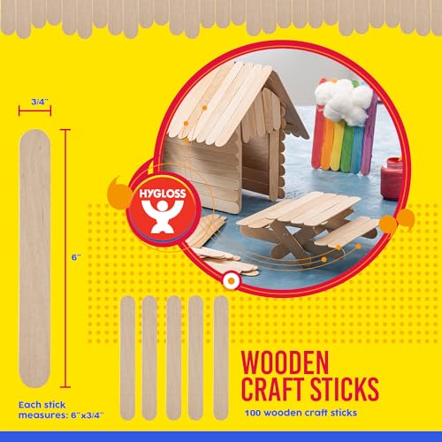 Hygloss Natural Wood Jumbo Craft Sticks 6-Inch 100 Count Popsicle Sticks