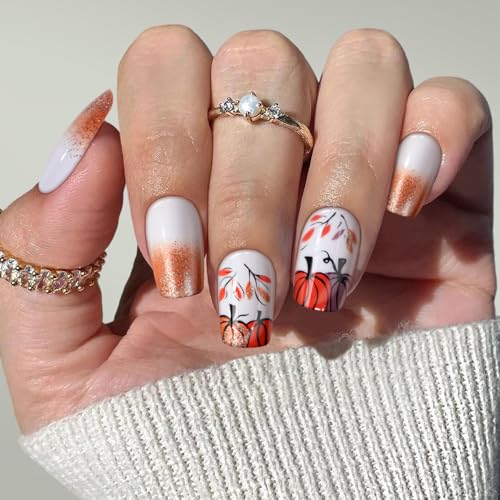 FlexFly Orange French Tip Press on Nails Medium Square Glitters Fake Nails