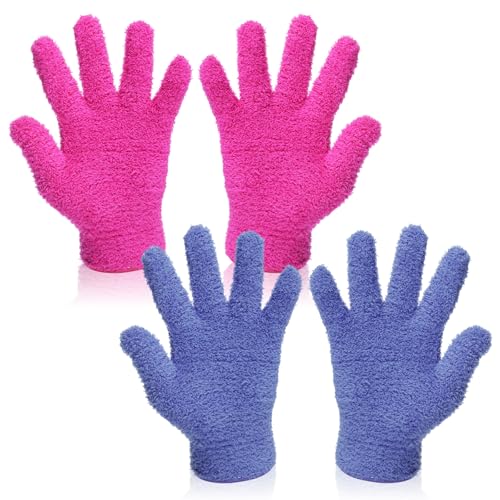 Reusable Microfiber Plant Cleaning Gloves - 4-Piece Set in Blue & Rose Red