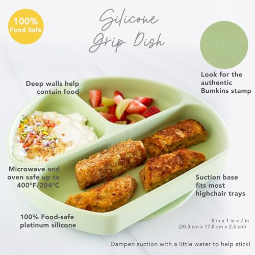 Bumkins Silicone Suction Plate - Divided Grip Dish for Toddlers (Gray/Sage)