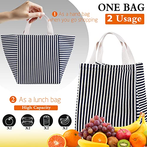 Daixers Insulated Lunch Bag - Reusable Thermal Lunch Tote, Striped Blue