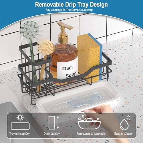 Rustproof Kitchen Sink Sponge Holder with Drain Tray & Brush Holder