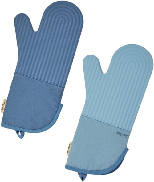 Hot Mitts - Premium Silicone & Cotton Twill Oven Mitts | Heat Resistant Up to 550°F | Set of 2, Blue Salt