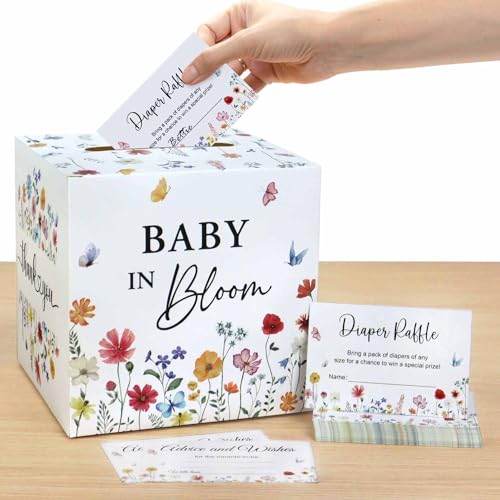 Baby Shower Diaper Raffle Box with 50 Tickets Wildflower Design Gift Set