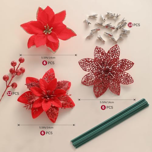 Artificial Christmas Poinsettia Flowers Set - 30 Pcs, Red, 3 Styles with Holly Berry Stems and Clips