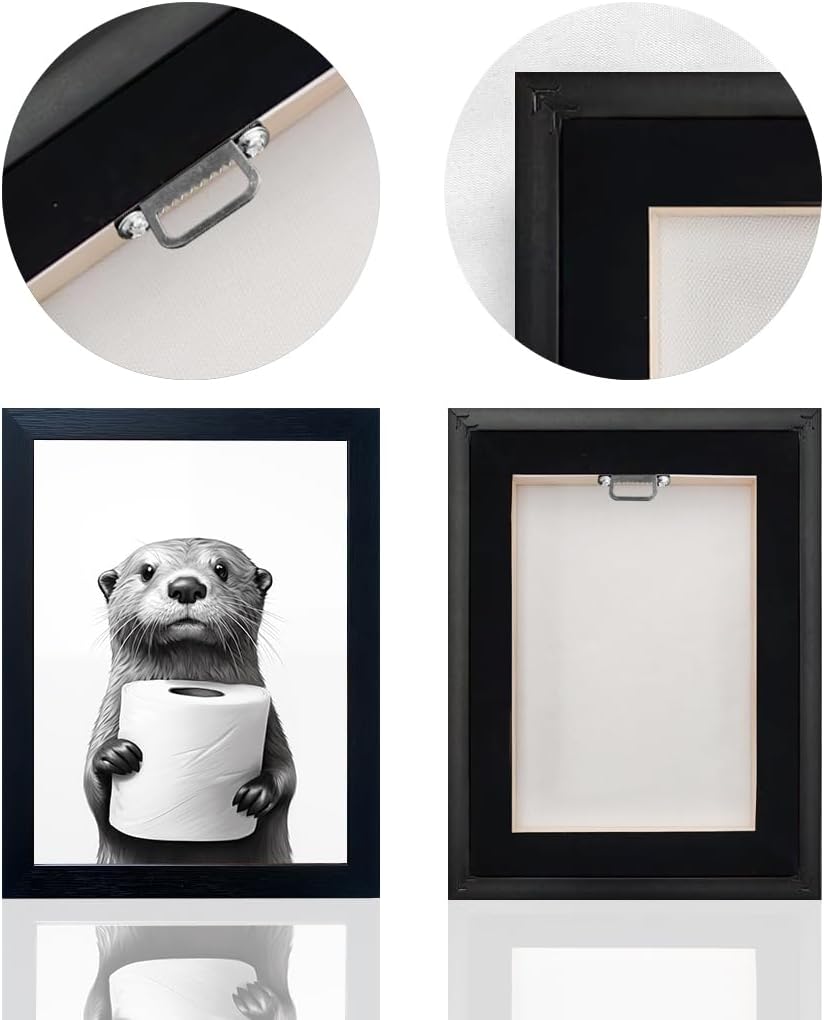 Regine Switzerland Funny Bathroom Wall Art - Framed Black and White Raccoon Canvas Print | Unique Decor