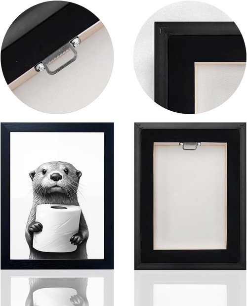 Framed Animal Bathroom Wall Art - Funny Raccoon Holding Toilet Paper | Black and White Canvas Print