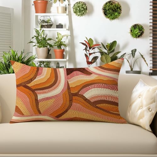 Boho Abstract Wave Lumbar Pillow Cover 12x20 - Orange Cotton Linen