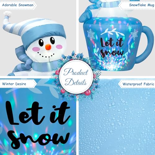 OurWarm 5FT Christmas Inflatable Snowman in Mug - Blue Snowman Yard Decor with Built-in LEDs & Blower