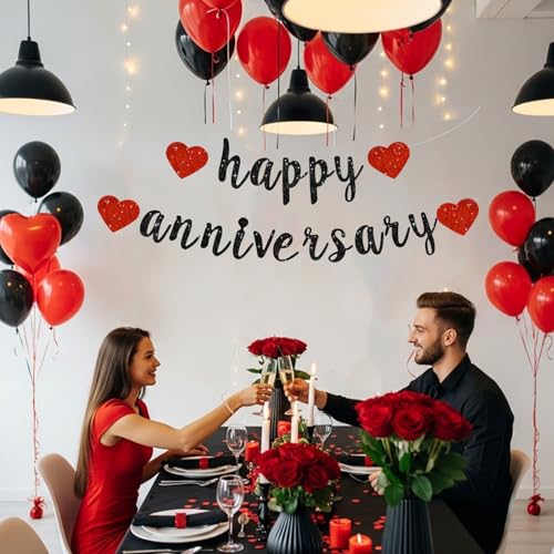 Glitter Happy Anniversary Banner Decoration - Black Red Pre-Strung
