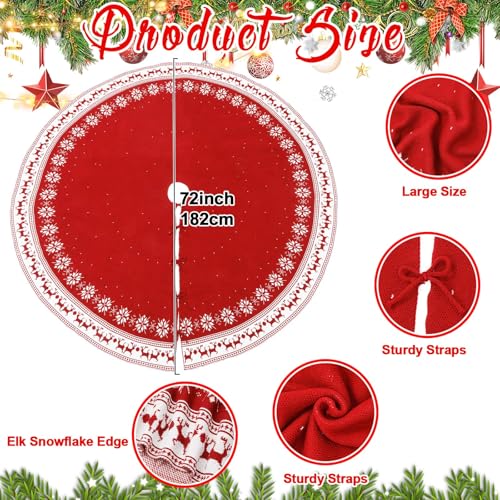 72-Inch Red Christmas Tree Skirt with Snowflakes and Reindeer, Extra Large Farmhouse Holiday Decor
