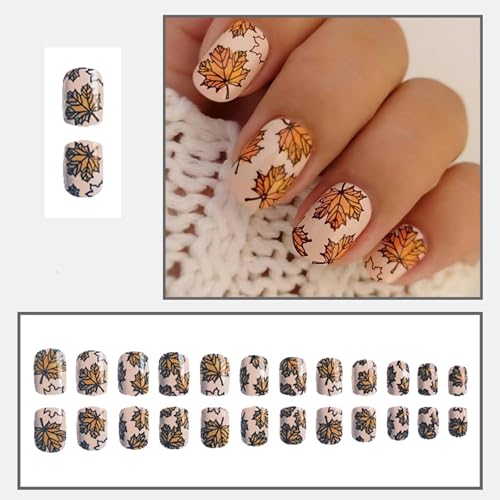 Fall Maple Leaf Press On Nails Short Square Acrylic Fake Nails