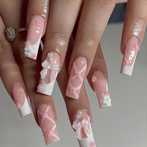 Pink Floral Press on Nails Long Square Reusable False Nails with Bows 24PCS
