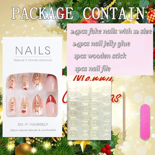 Christmas Almond Press on Nails Red French Xmas Bear Candy False Nails